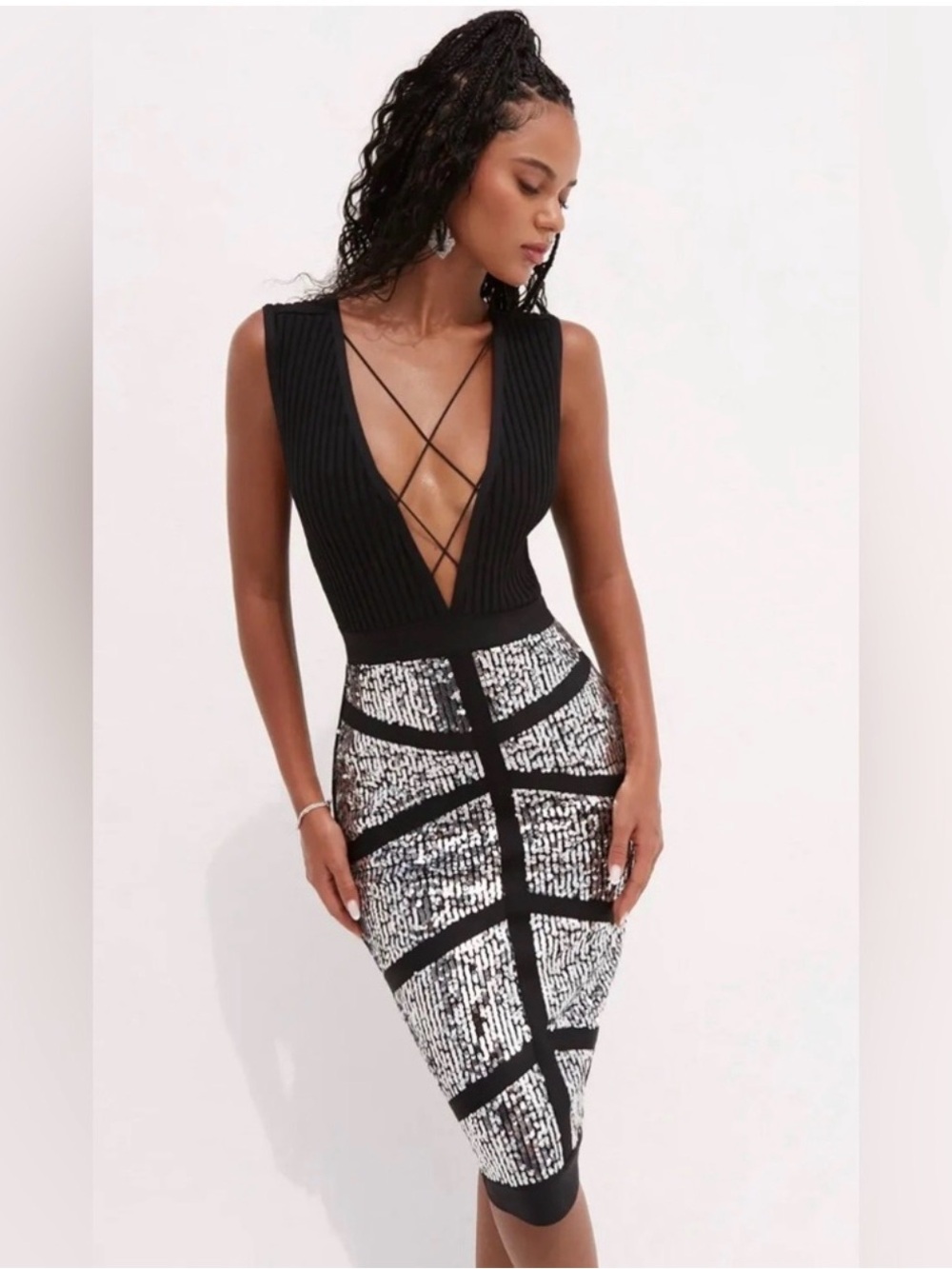 BEBE black silver SEQUIN BANDAGE STRAPPY MIDI DRESS - Rare - Medium - Picture 3 of 9